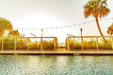 Swimming pool and garden under blue sky