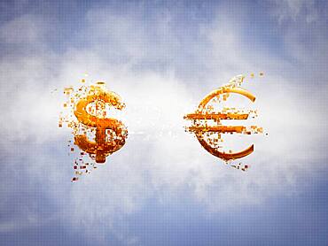 Pixelated dollar and Euro signs in sky