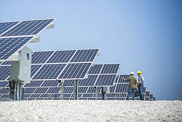 Caucasian technicians talking near solar panels