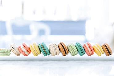 Close up of variety of macaroon cookies