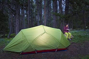 Japanese woman using laptop at campsite