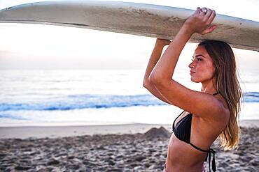 Caucasian surfer carrying surfboard on beach