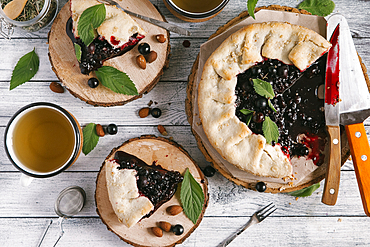 Blueberry pie on wooden table