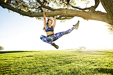 Happy mixed race woman hanging on tree branch