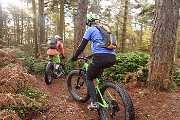 Caucasian couple riding bicycles in forest