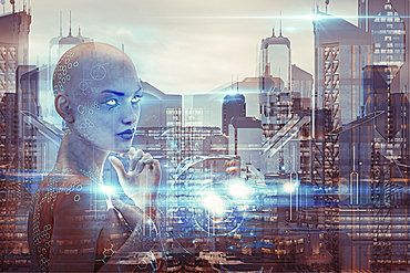 Multiple exposure of woman robot and urban architecture