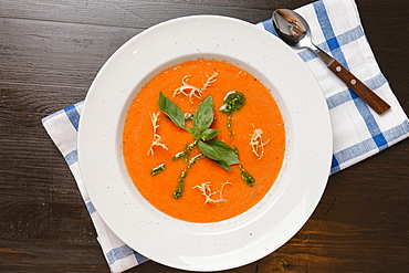 Basil in bowl of tomato soup