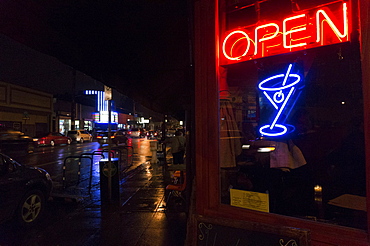 Neon sign in bar window at night