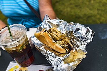 Woman holding hot dog and soda with ice