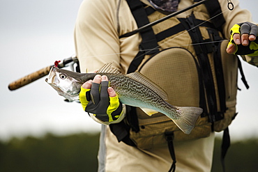 Caucasian man holding fishing rod and fish