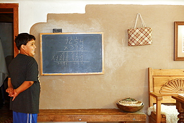 Proud Native American boy standing near equation on blackboard