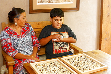 Mother and son admiring baby turkey at table