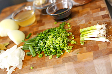 Chopped onions on cutting board