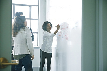 Businesswoman writing on whiteboard in meeting