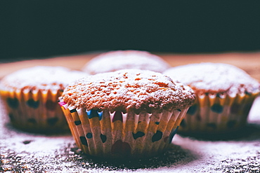 Close up of cupcakes covered with powdered sugar