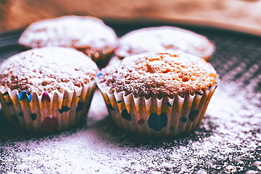 Close up of cupcakes covered with powdered sugar