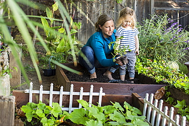 Caucasian mother teaching gardening to daughter