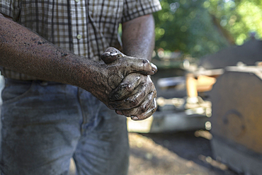 Greasy hands of Caucasian man