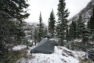 Camping tent in snowy landscape