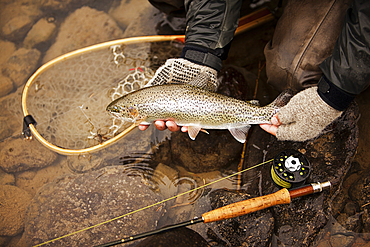 Caucasian man showing caught fish