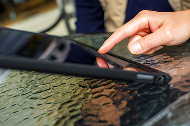 Hand of Japanese woman touching digital tablet