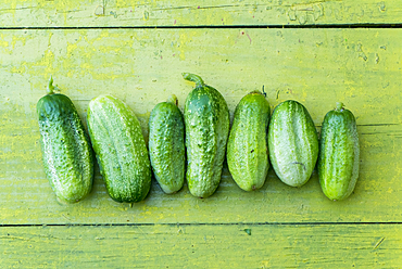 Green cucumbers in a row on wooden table