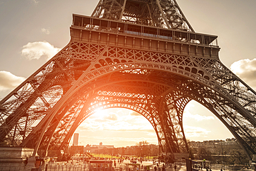 Tourists under Eiffel Tower, Paris, Ile-de-France, France,