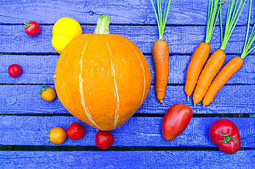 Fresh vegetables on purple wooden table