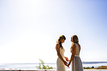 Caucasian brides holding hands at waterfront