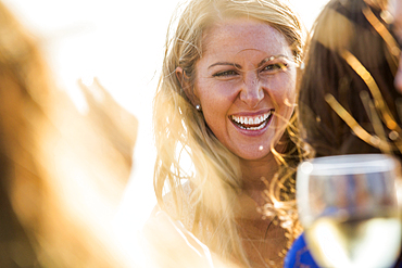 Smiling Caucasian woman outdoors