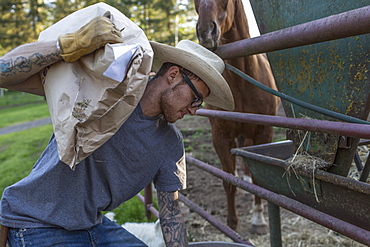 Caucasian farmer carrying bag feeding animals