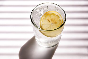 High angle view of club soda with ice and lemon