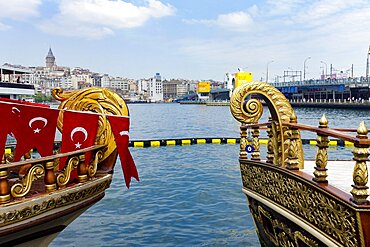 Turkey, Istanbul, Moored boats with gold ornaments on Bosphorus