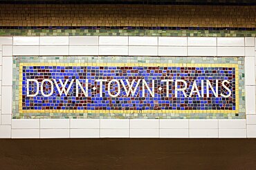 USA, New York, New York City, Close-up of old tile subway signage