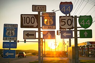 USA, Missouri, Pacific, Various old road signs at sunset