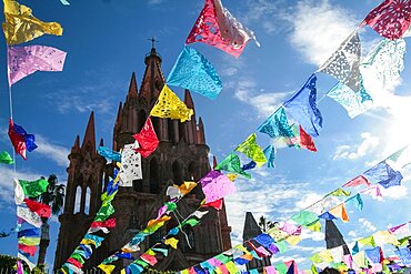 Mexico, San Miguel de Allende, Colorful decorations for Day of the Dead and cathedral