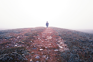 Canada, Labrador, Newfoundland, Woman walking on path into fog