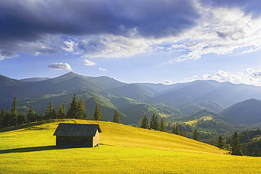 Ukraine, Ivano Frankivsk region, Verkhovyna district, Dzembronya village, Wooden hut in rural landscape in Carpathian Mountains