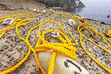 USA, California, Catalina Island, Avalon, Nautical rope and buoys on sea coast