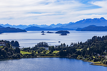 High angle view of mountain lakes and forests on summer day
