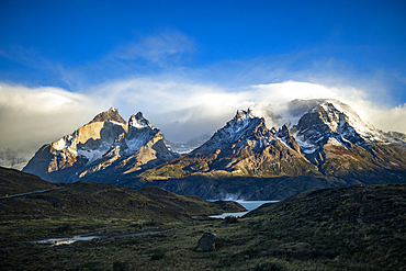 Snowcapped peaks of Torres Del Paine in sunlight