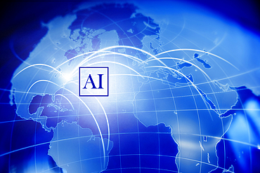 Digitally generated image of blue globe with AI sign