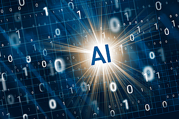 Digitally generated image of AI sign and binary code