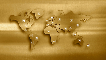 Digitally generated image of AI signs on world map