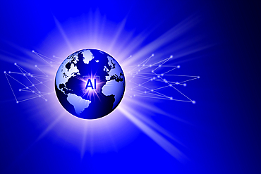 Digitally generated image of blue globe with AI sign