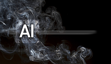 Digitally generated image of smoke with AI sign against black background