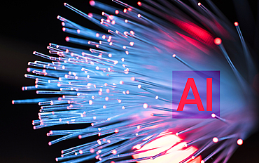 Digitally generated image of fibre optics with AI sign