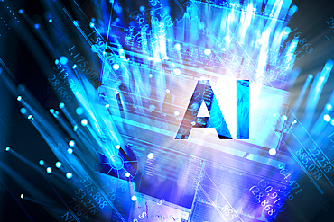 Digitally generated image of stock market data with AI sign