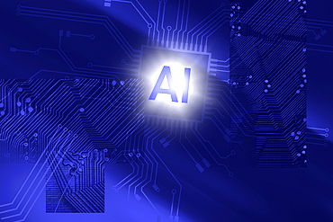 "AI" superimposed over blue computer board layout