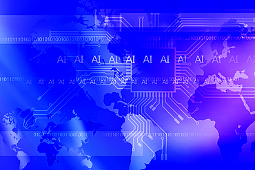 "AI" letters and binary numbers superimposed over computer board and world map